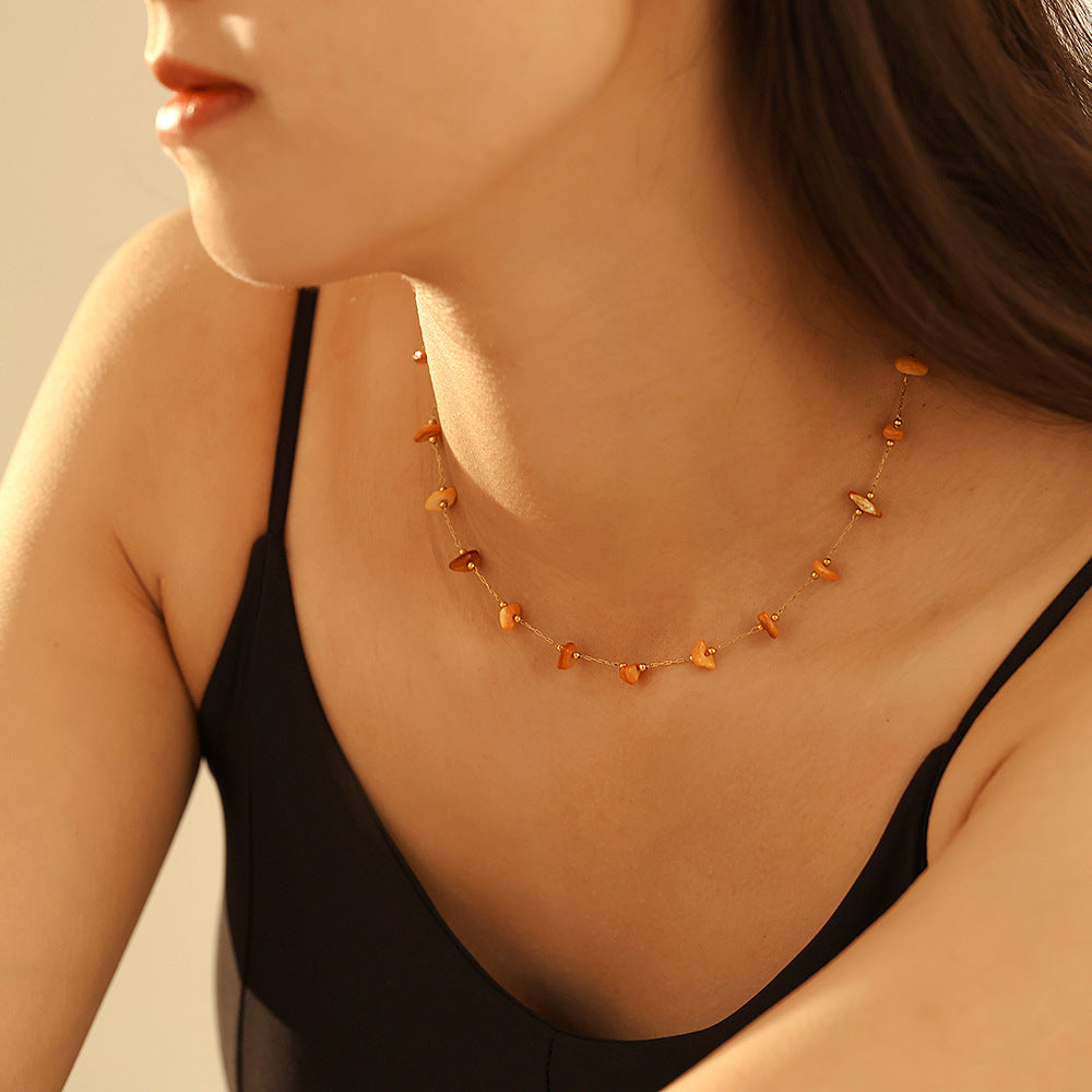 Light luxury irregular natural gravel collarbone chain niche bracelet set stainless steel non-fading jewelry