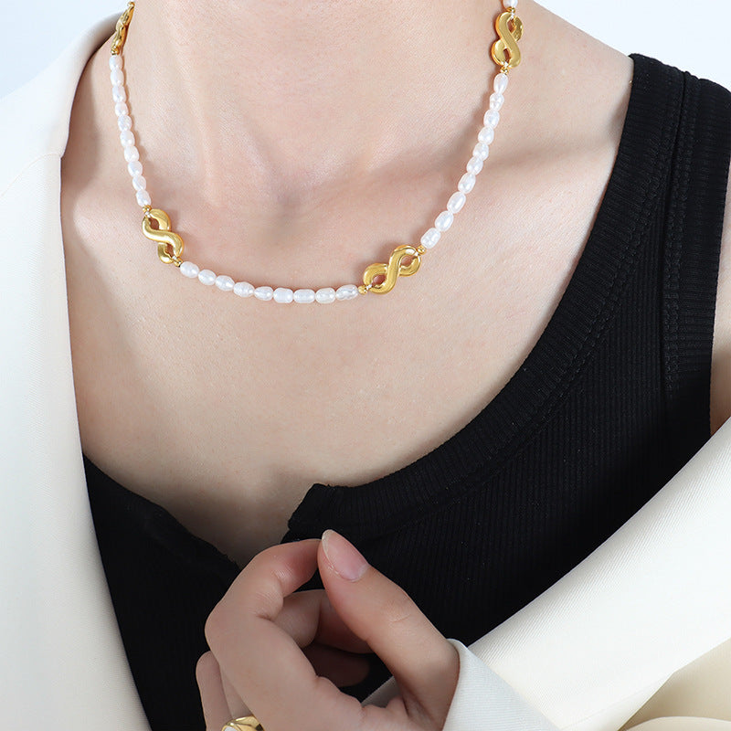 Temperament Letter Splicing Oval Natural Freshwater Pearl Necklace Retro Elegance Temperament Personality Pearl Chain Women