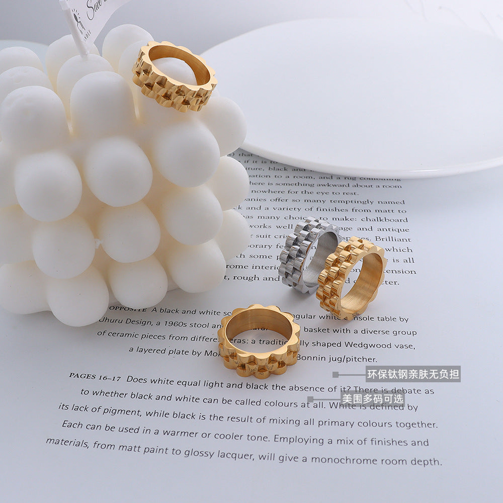 Exaggerated cold ins wind thick strap retro feeling non-fading ring titanium steel plated 18k gold ring pp