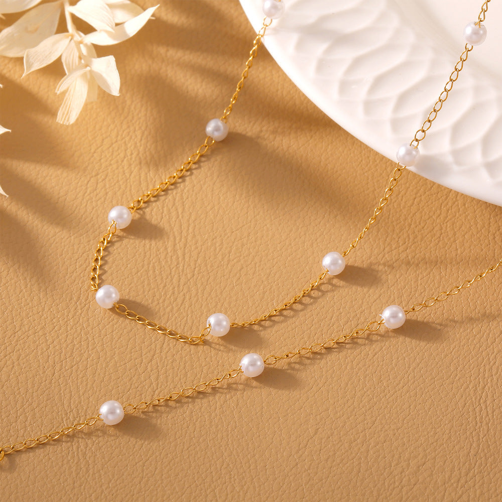 Hepburn style temperament elegant niche minimalist jewelry gentle bead beaded design titanium steel gold-plated jewelry set