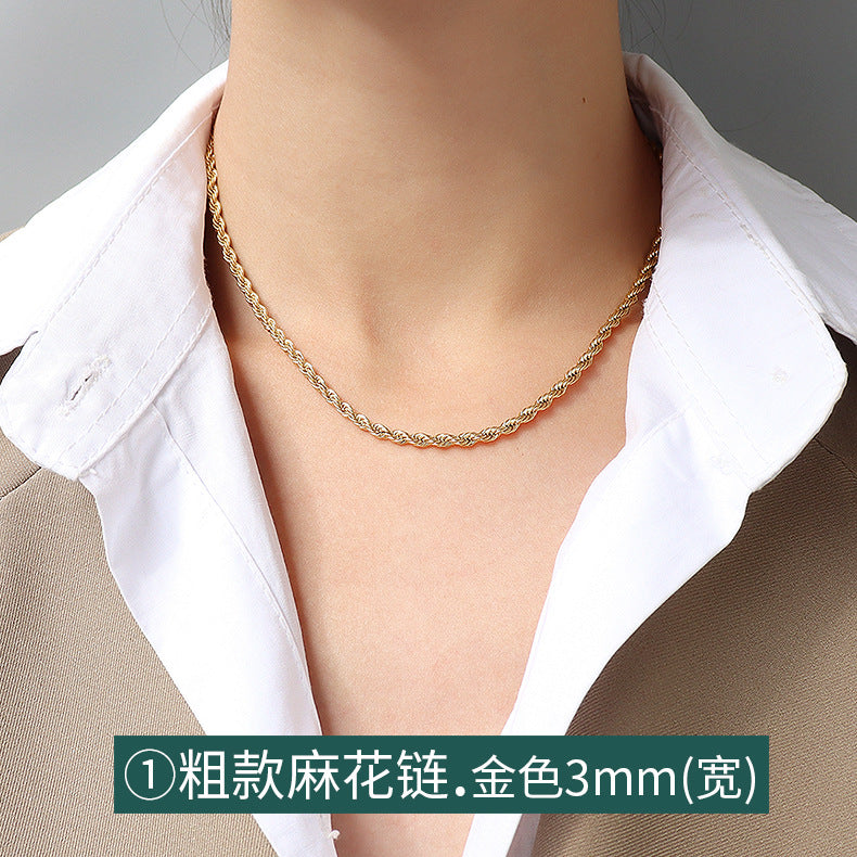 Cross chain Snake bone chain Twist chain Box chain Variety necklace Women's titanium steel plated 18K gold plain chain Clavicle chain jewelry 99