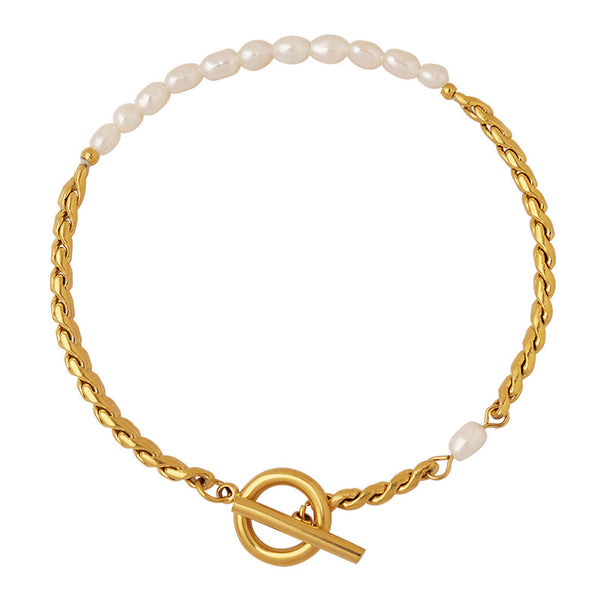 Non-fading bracelet jewelry fashion commuter freshwater pearl OT buckle titanium steel plated 18K gold niche design women
