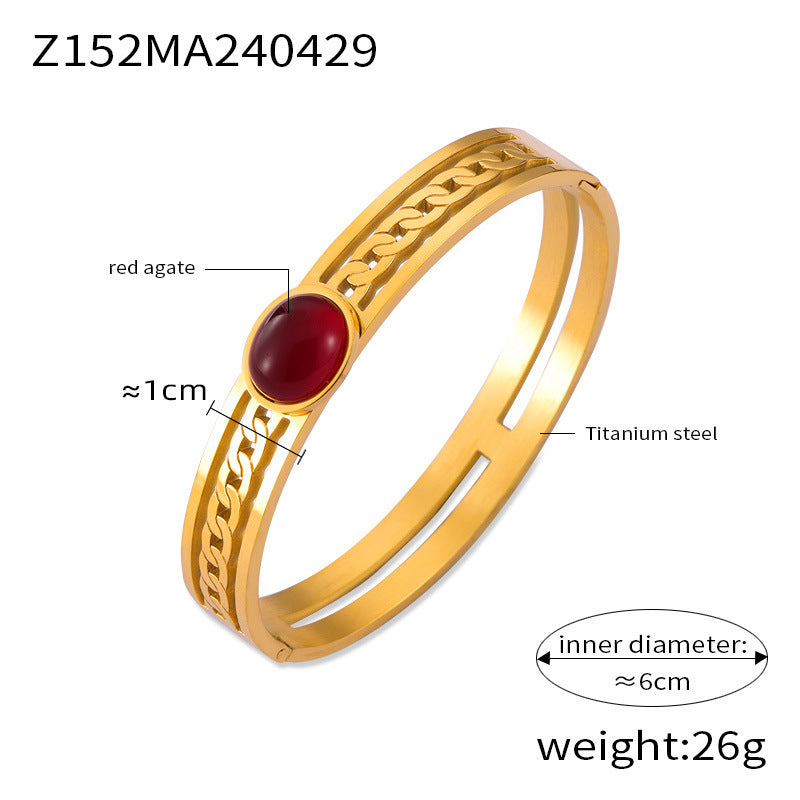 Hot-selling personality retro temperament elegant jewelry inlaid with natural stone design sense hollow titanium steel gold-plated bracelet pp