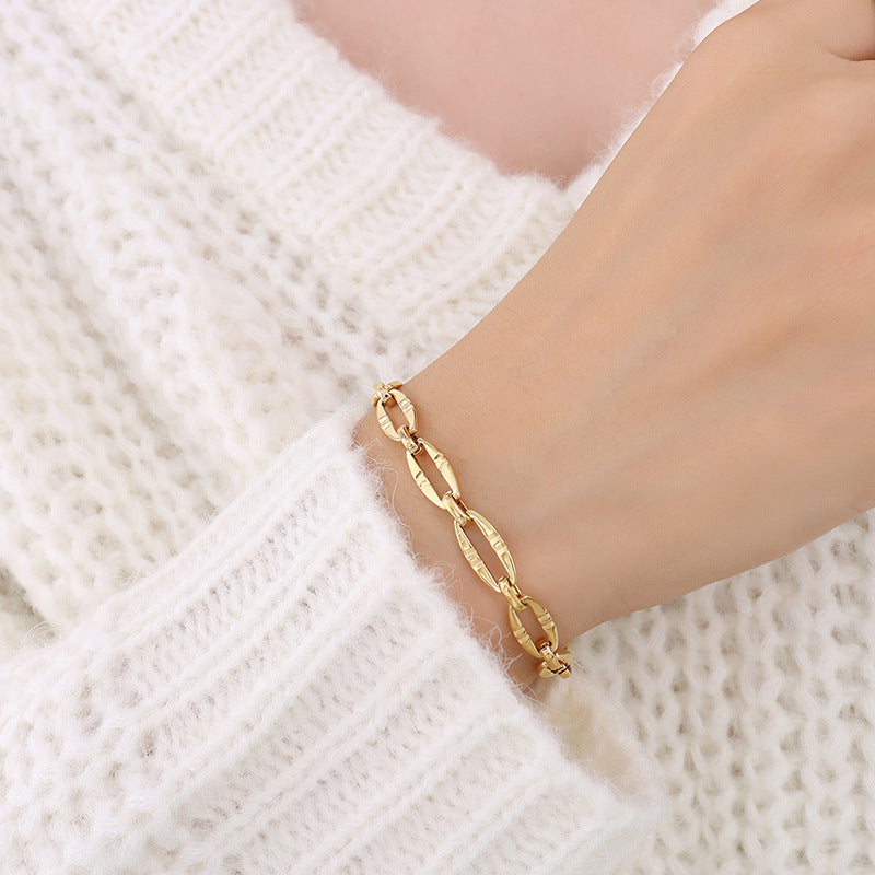 Hip-hop design geometric elements stacked simple bare chain titanium steel plated 18K gold bracelet accessories set pp