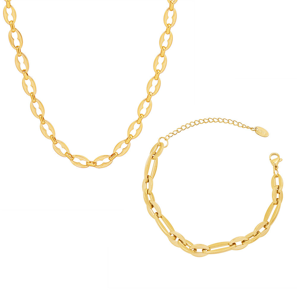Hip-hop design geometric elements stacked simple bare chain titanium steel plated 18K gold bracelet accessories set pp