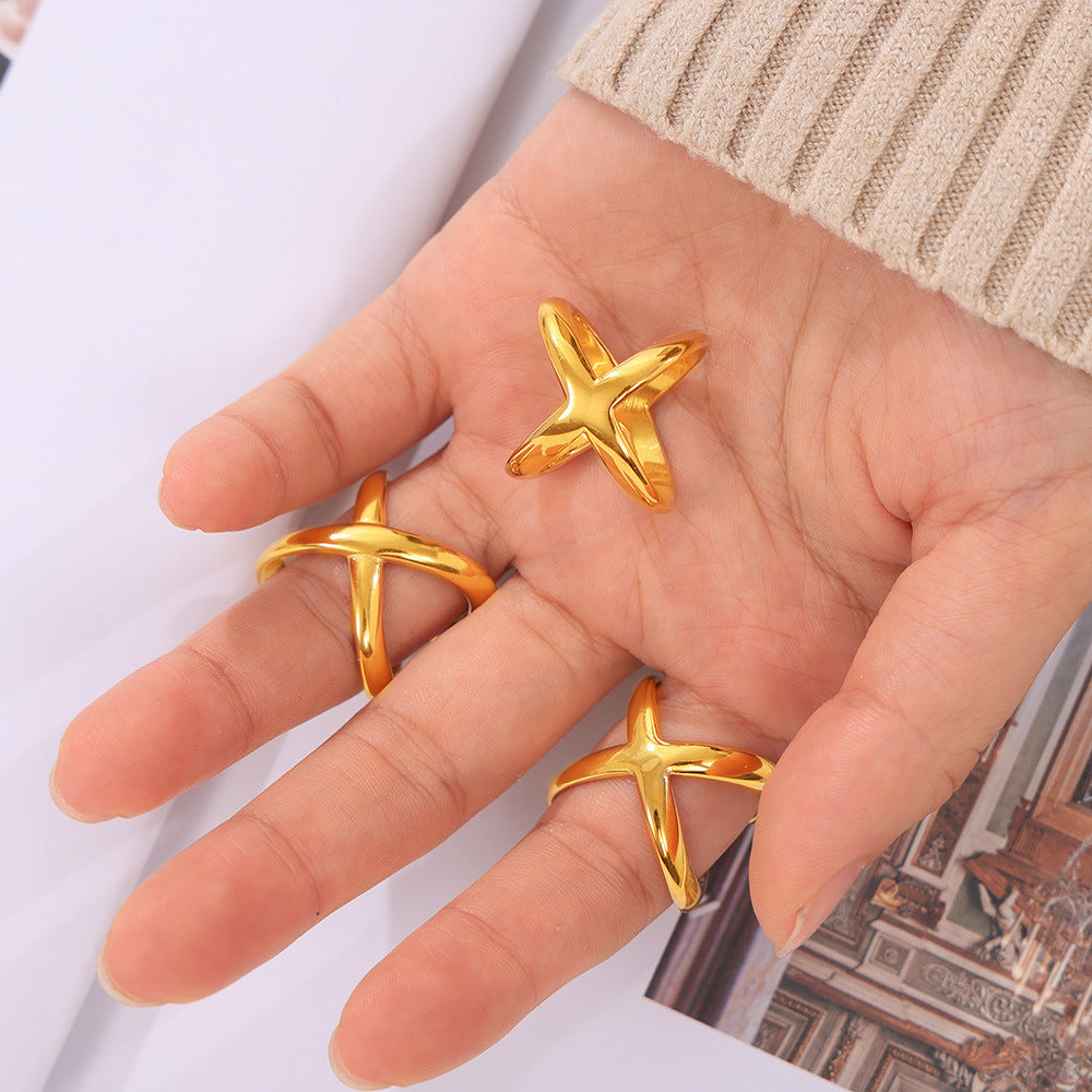 Hepburn style geometric three-dimensional cross opening ring titanium steel plated 18k real gold fashionable versatile personalized ring wholesale