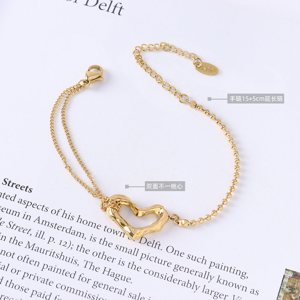 S versatile niche fashion simple jewelry titanium steel plated 18k gold peach heart double layer steel ball bracelet women's jewelry