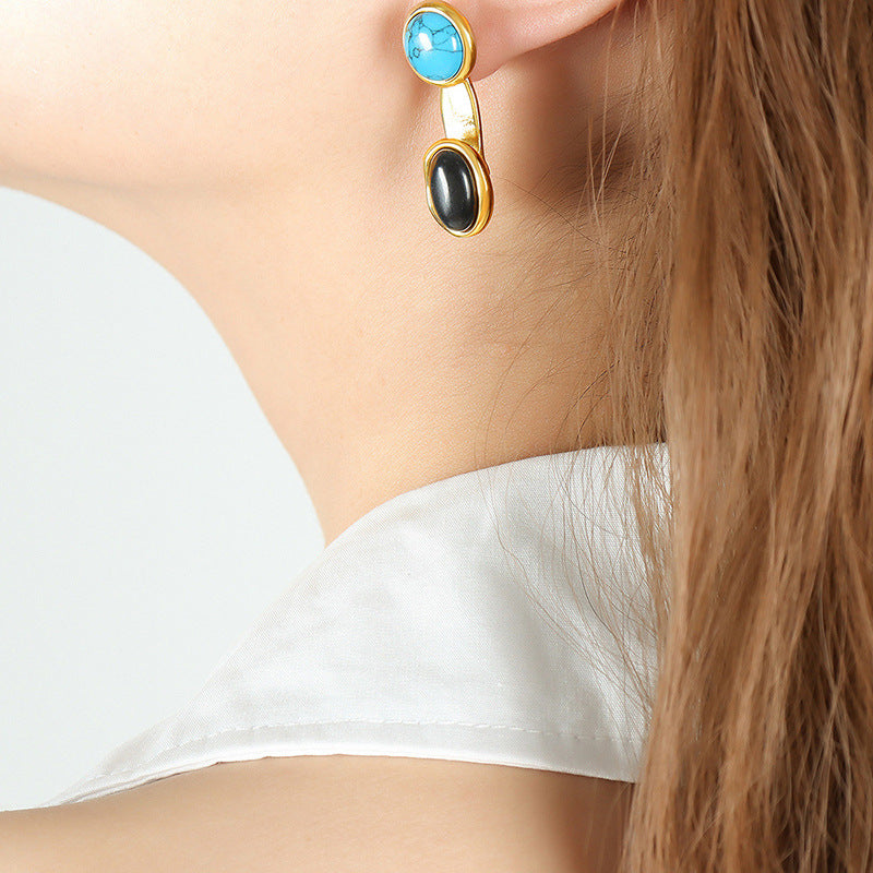 Autumn and winter titanium steel design detachable two wear inlaid colored natural stone earrings simple retro earrings jewelry women's pp