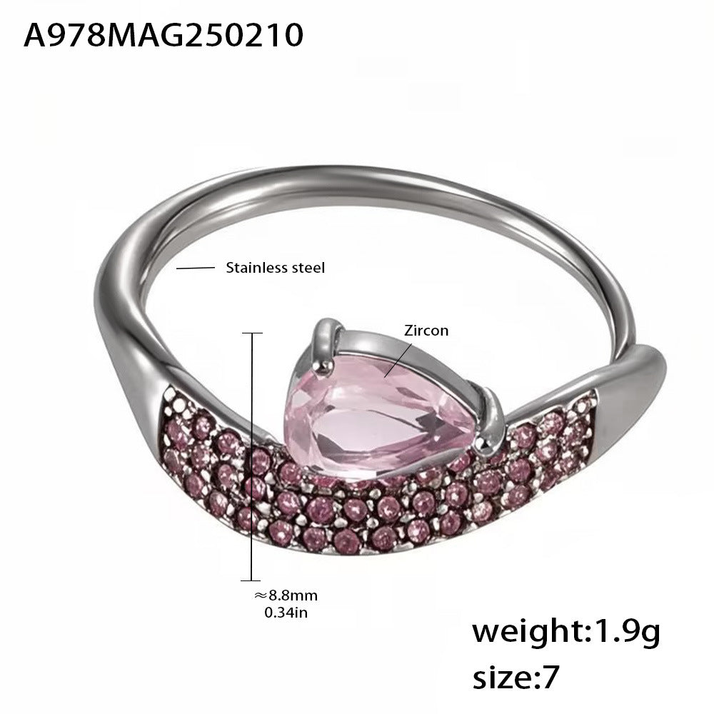 Super flash full diamond zircon water drop ring design sense niche light luxury titanium steel plated 18k gold index finger ring