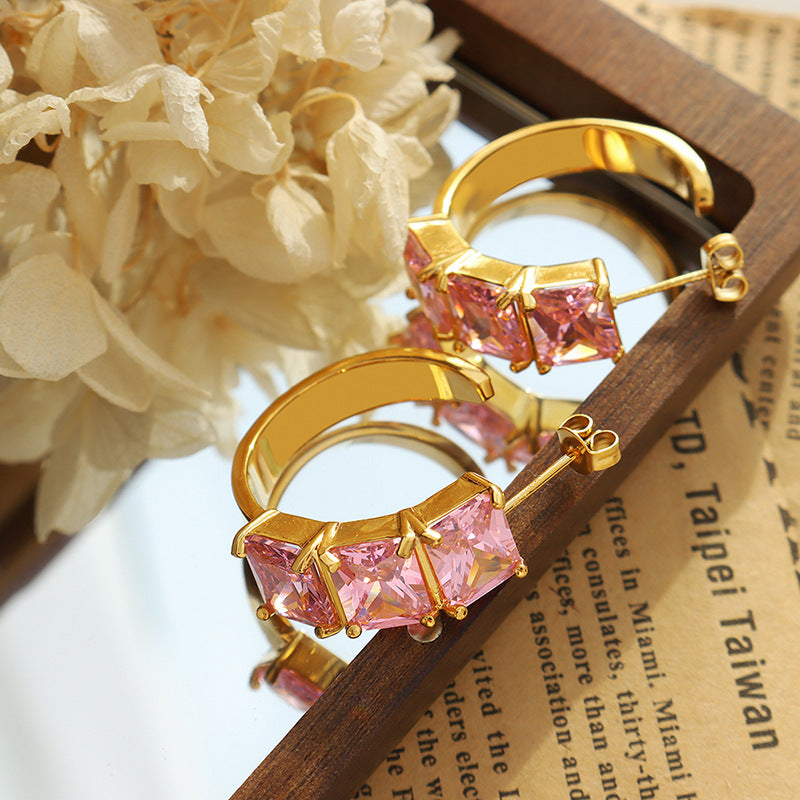 Celebrity fashion retro style temperament summer C-shaped shining pink diamond earrings Internet celebrity trend personalized copper earrings