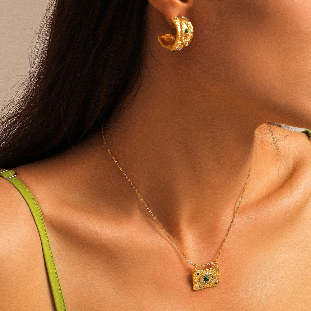 Vintage Texture Devil's Eye Square Pendant Necklace Ring Earrings Open Bracelet Titanium Steel Jewelry Set