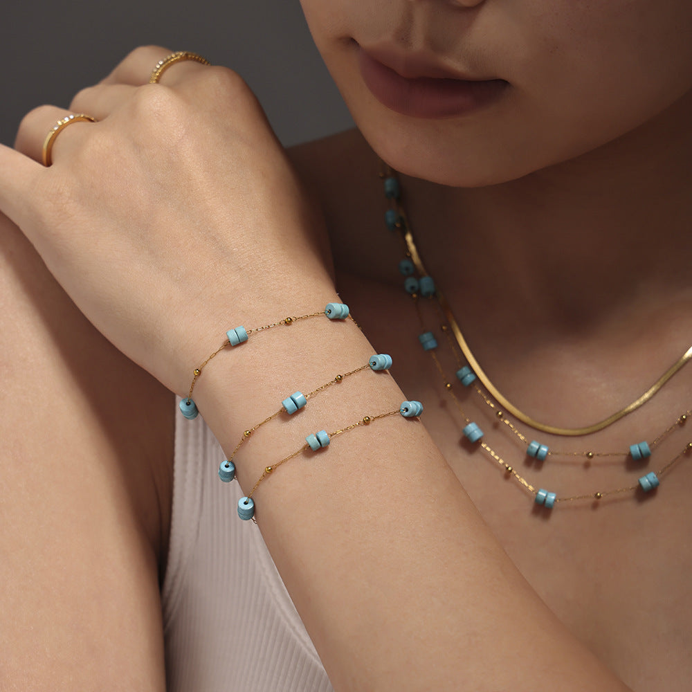 Color natural stone light luxury double-layer necklace bracelet women's stainless steel handmade chain set is available in stock.