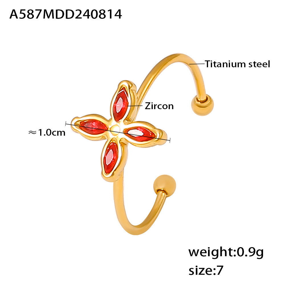 Niche four-petaled flower inlaid zircon pendant, collarbone necklace, open ring, titanium steel plated 18k real gold set, women's 99.