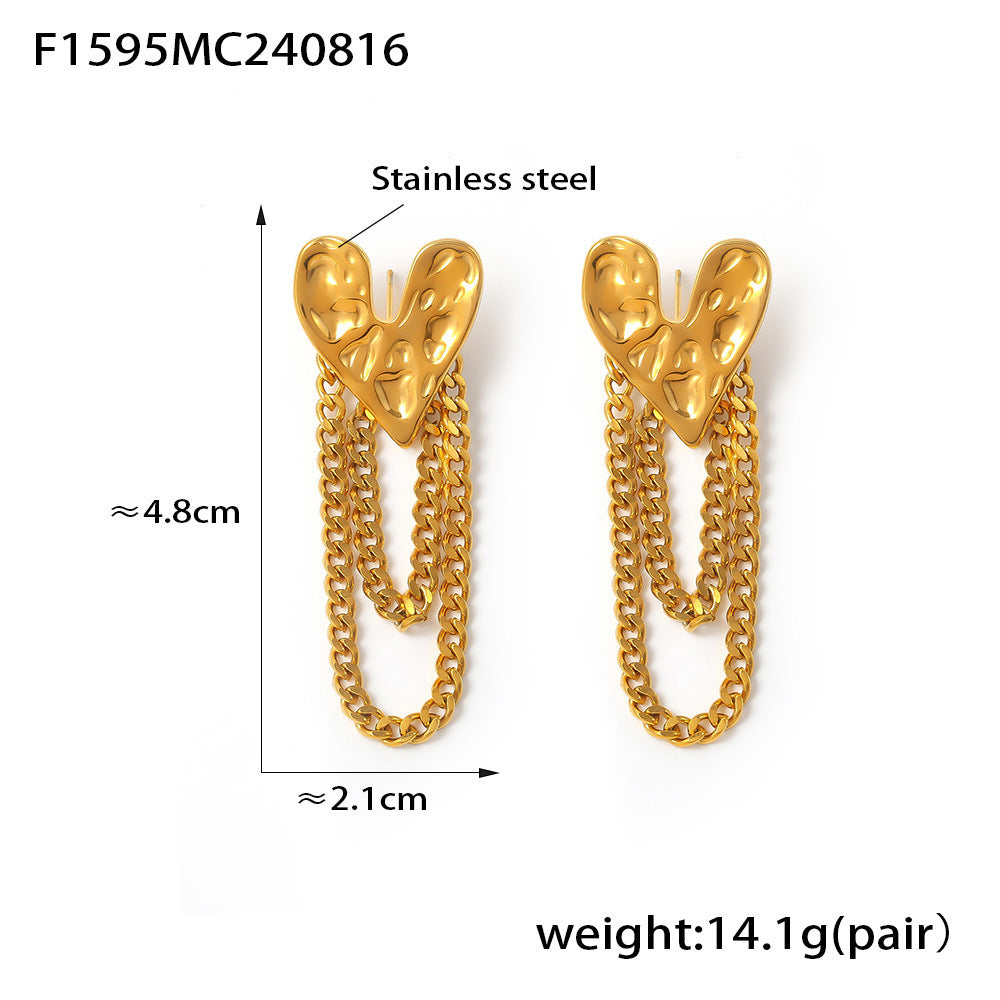 Temperament karst heart stud earrings female retro personality hammer pattern love fringe chain stainless steel earrings wholesale