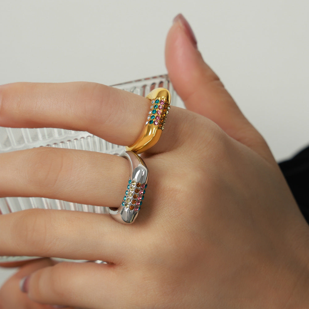 New fashion light luxury niche titanium steel gold-plated with colored diamonds geometric ring ring simple personalized jewelry female pp