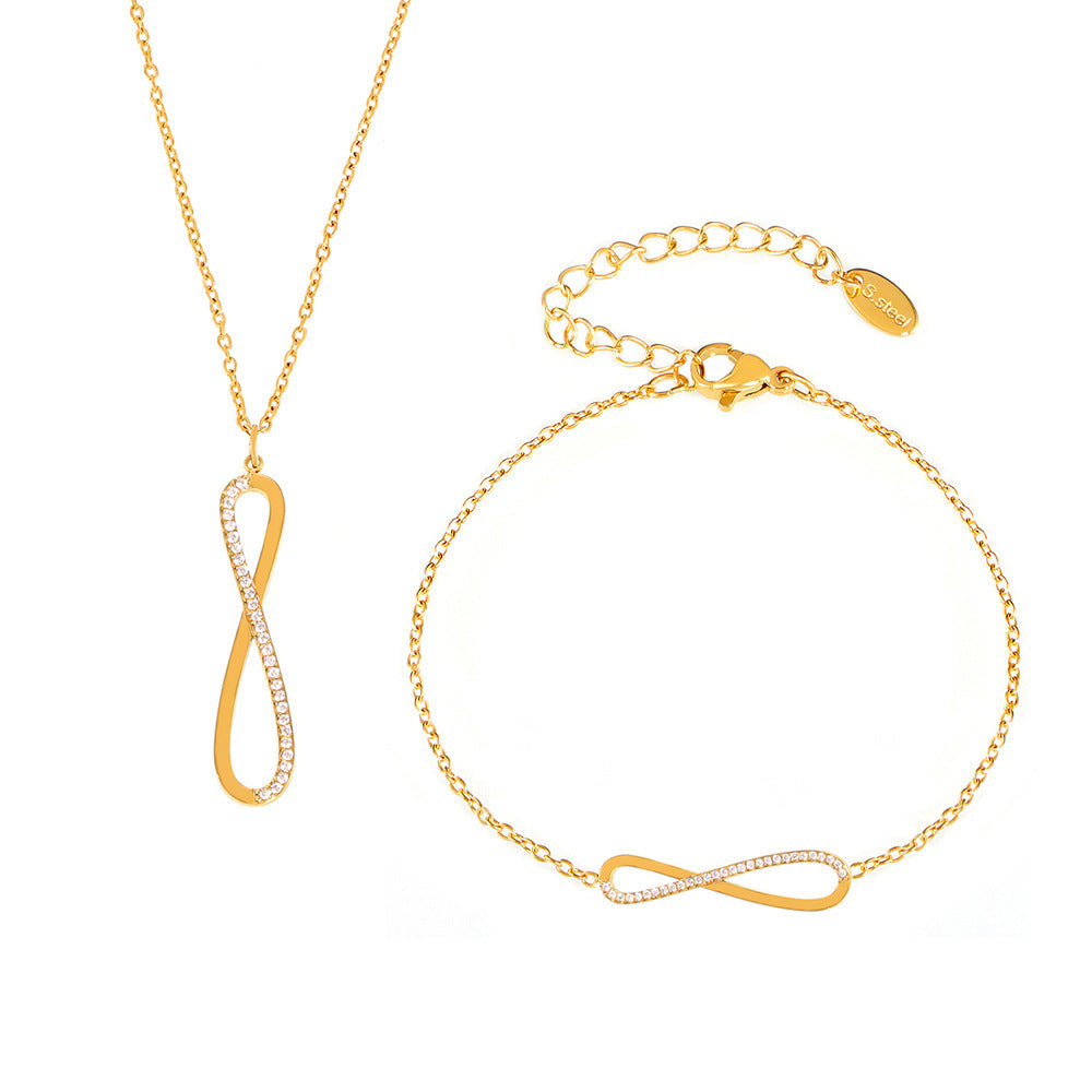8-character CNC inlaid zircon strip double-layer necklace niche bracelet stainless steel jewelry set 99