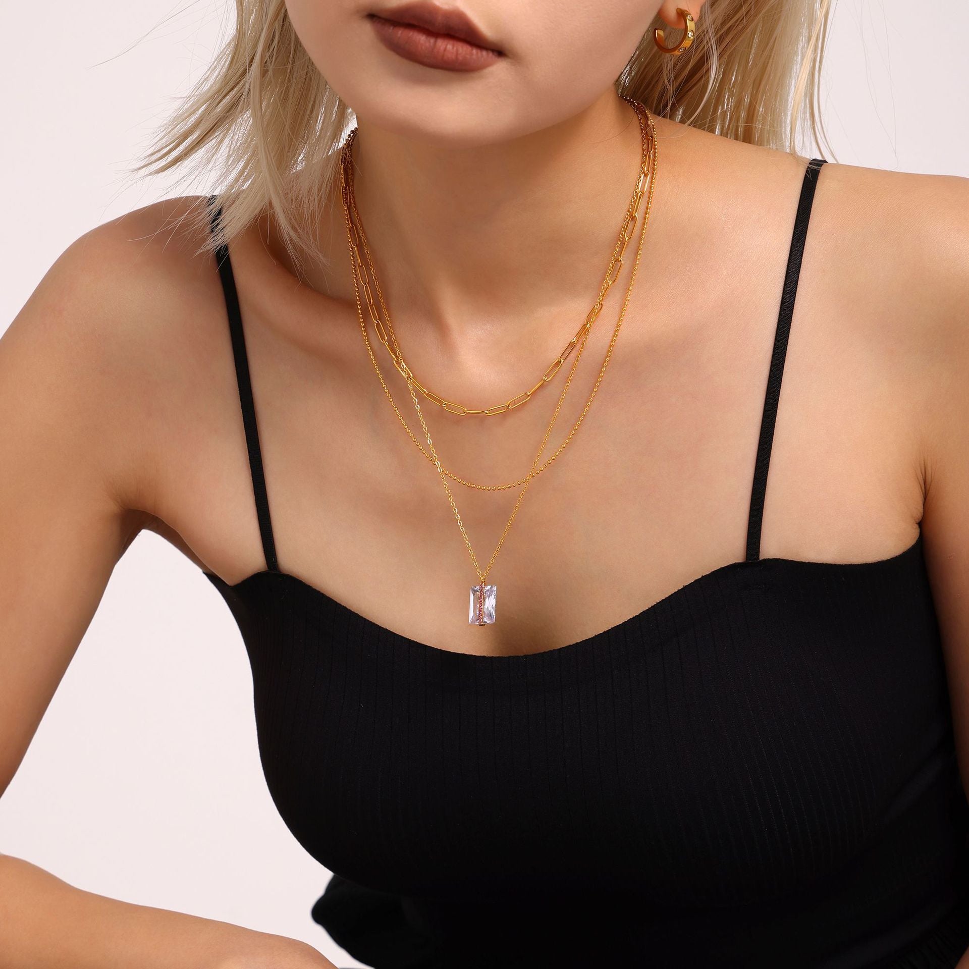 Full diamond oversized rectangular zircon collarbone necklace stainless steel PVD electroplating 18K real gold jewelry wholesale pp