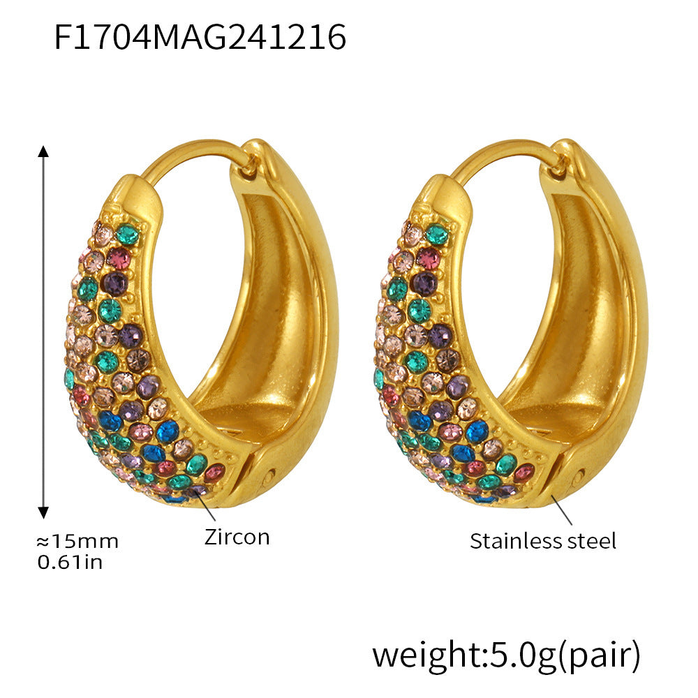 Blue Turquoise Colorful Zircon Circle Earrings Temperament Ear Buckles Commuter Earrings Stainless Steel Electroplated 18K Real Gold