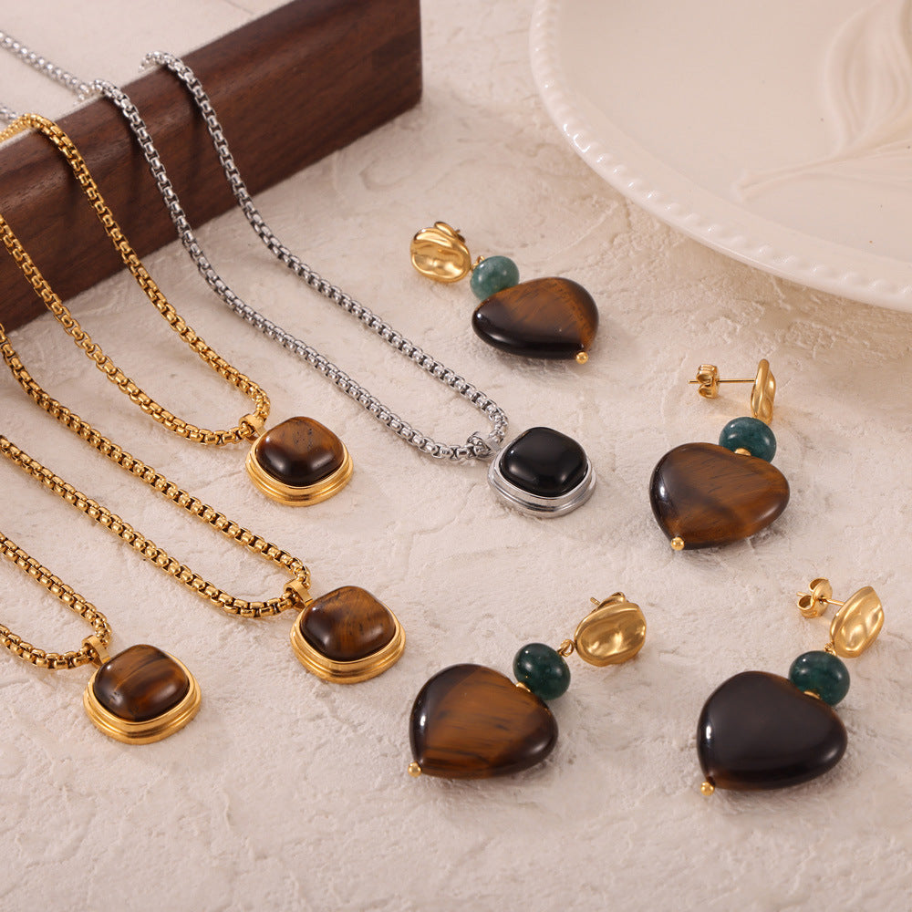 Retro niche light luxury jewelry inlaid with tiger's eye stone square pendant love titanium steel jewelry set