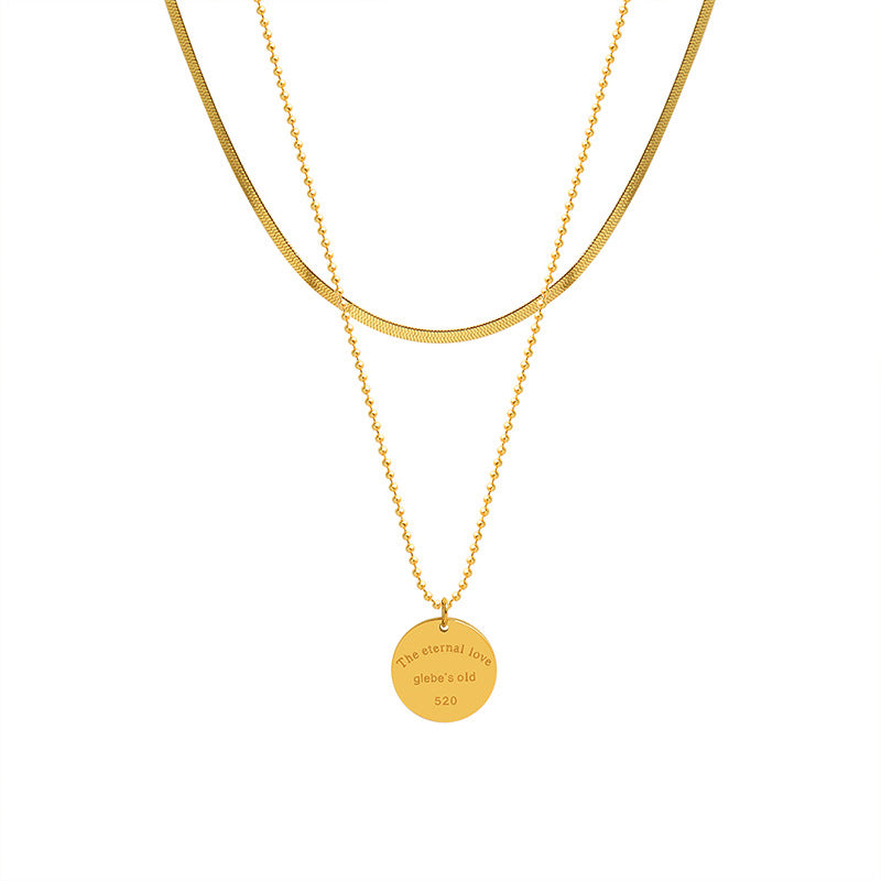 Niche Versatile Temperament Sweater Chain, English Letter Round Brand Pendant Double Chain Titanium Steel Gold Plated Necklace