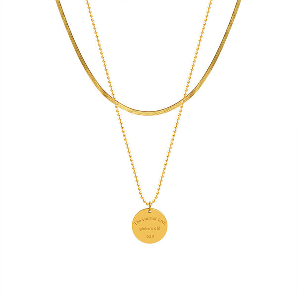 Niche Versatile Temperament Sweater Chain, English Letter Round Brand Pendant Double Chain Titanium Steel Gold Plated Necklace