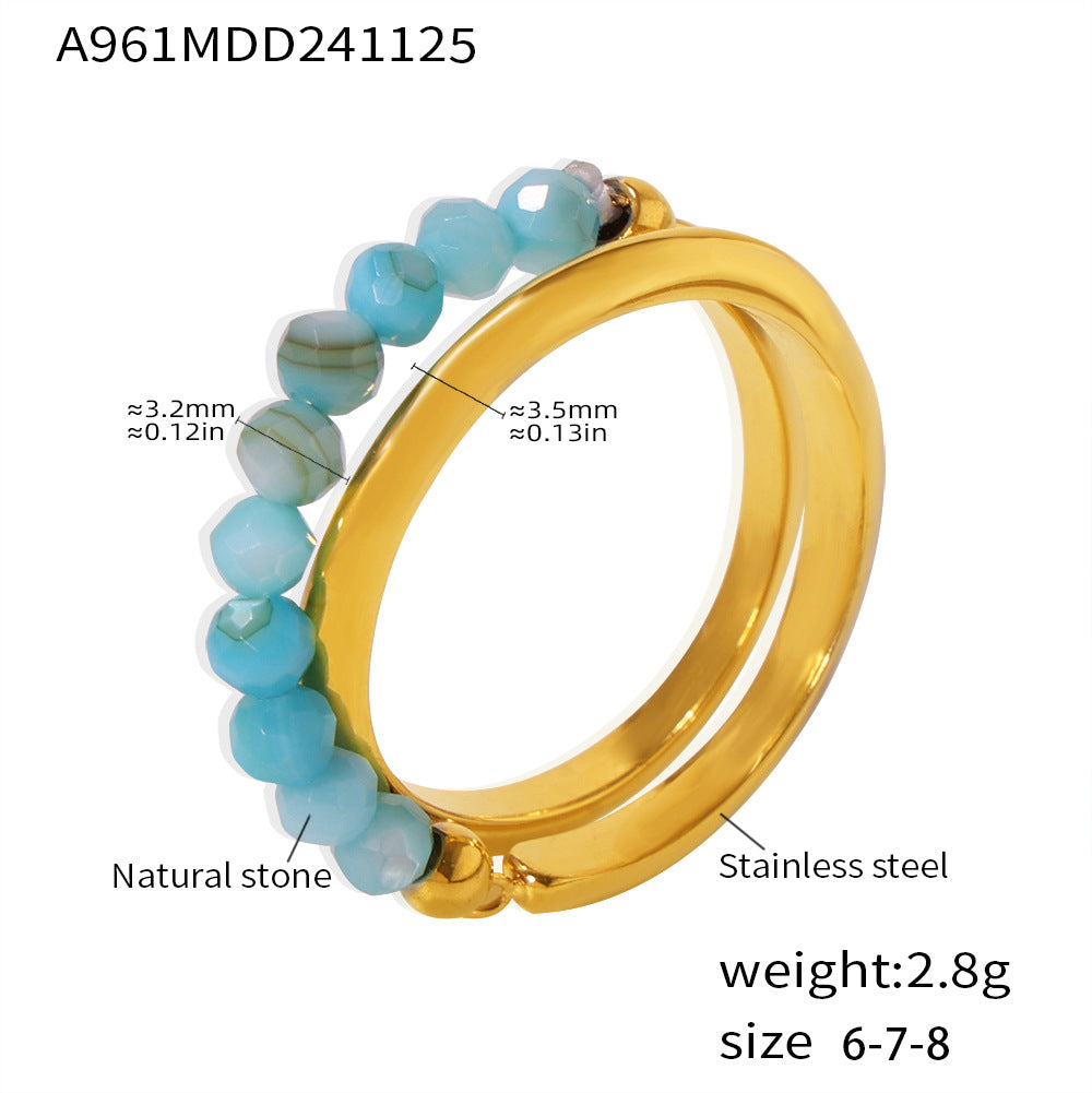 Wind natural stone beaded double-layer ring, women's stainless steel plated with 18k real gold, European and American niche with 99.