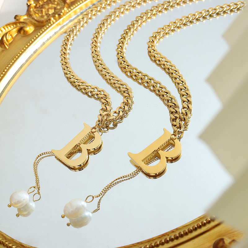 Trend Accessories Letter B Tassel Baroque Freshwater Pearl Necklace Women's Titanium Steel Clavicle Chain P910pp