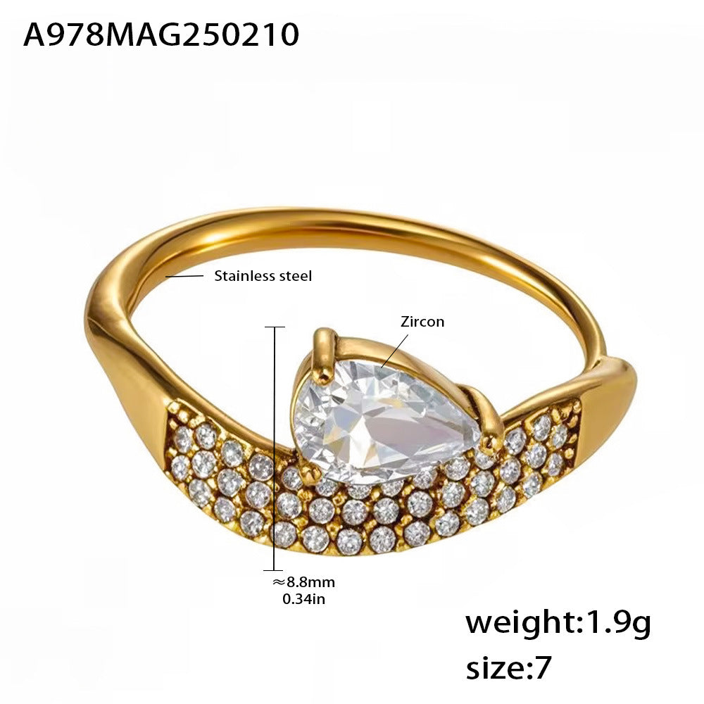 Super flash full diamond zircon water drop ring design sense niche light luxury titanium steel plated 18k gold index finger ring
