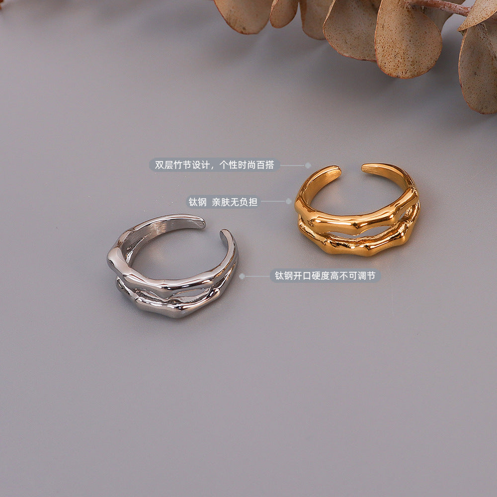 Sexual fashion texture double-layer bamboo joint open ring titanium steel gold-plated versatile index finger ring wholesale 99
