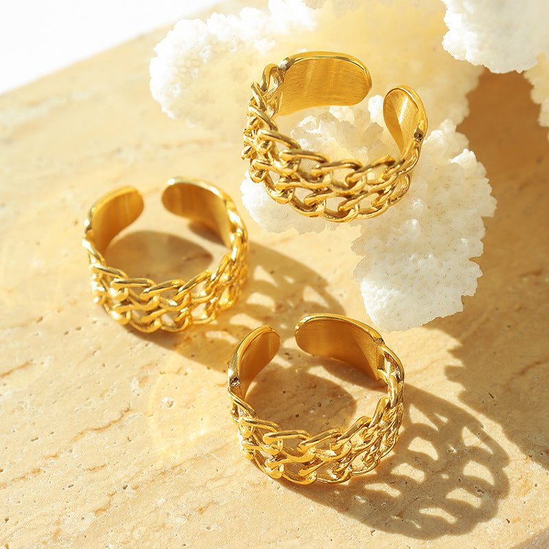 Double chain splicing ring female index finger ring titanium steel ring opening adjustable 18k real gold plated A155pp