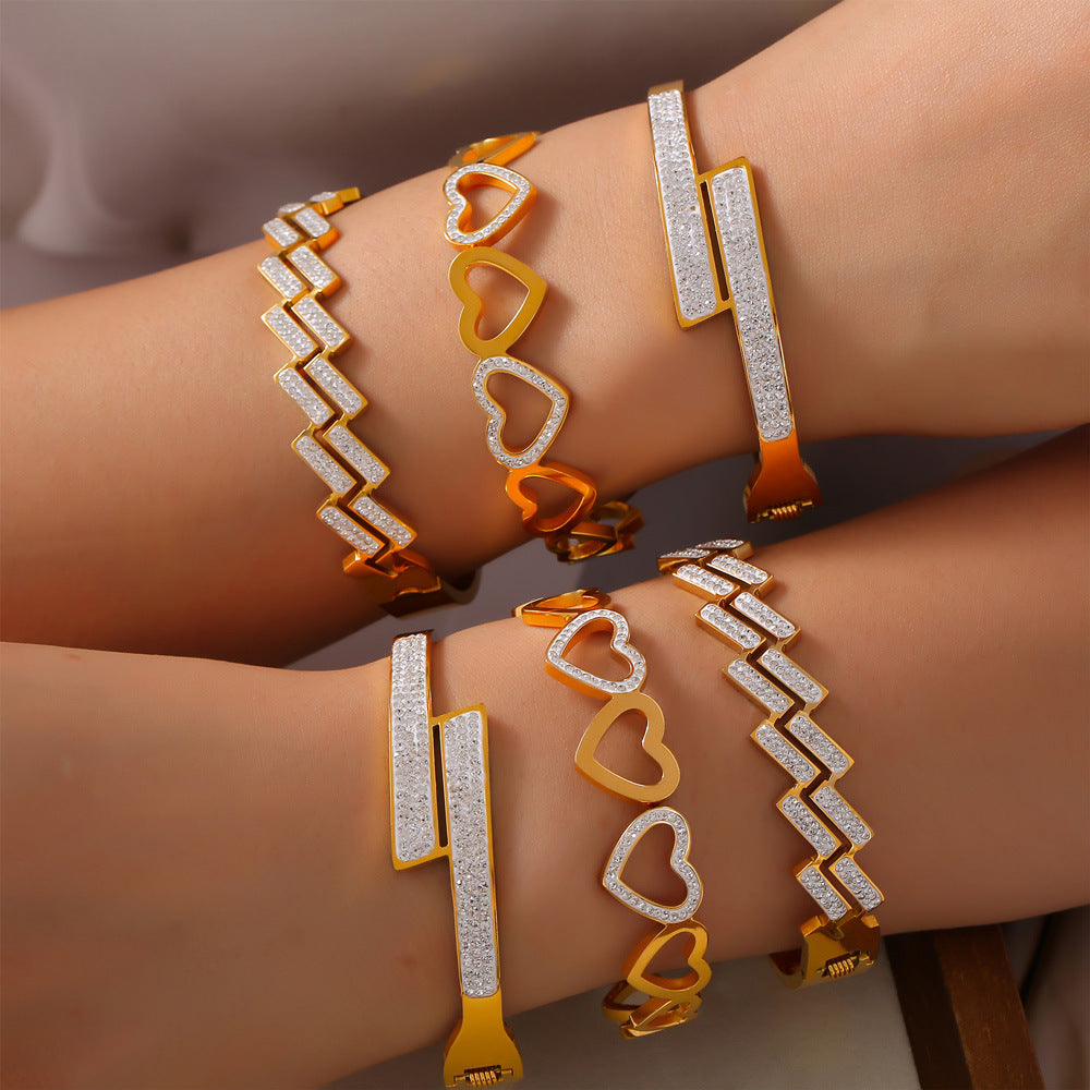 Hot-selling simple and versatile light luxury jewelry geometric diamond-set design sense multi-layer hollow titanium steel gold-plated bracelet