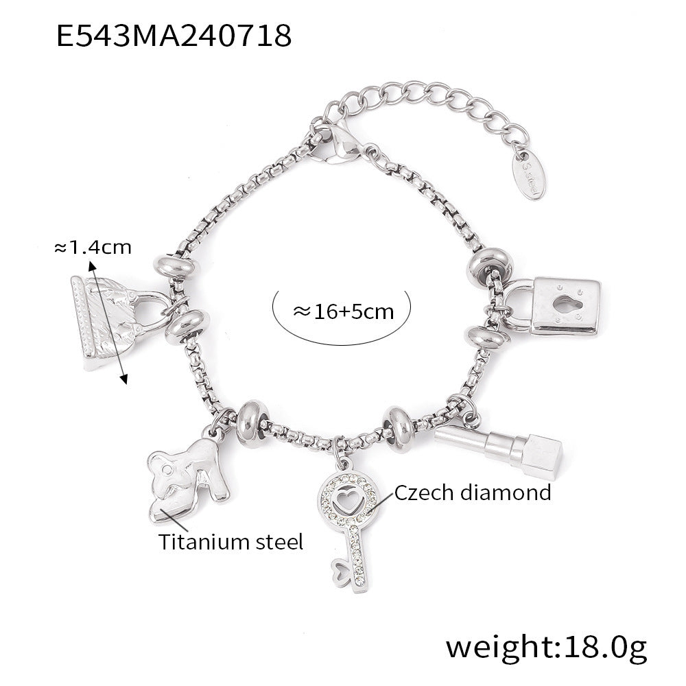 Multi-element tag diamond pendant bracelet adjustable trend retro titanium steel plated 18K gold bracelet