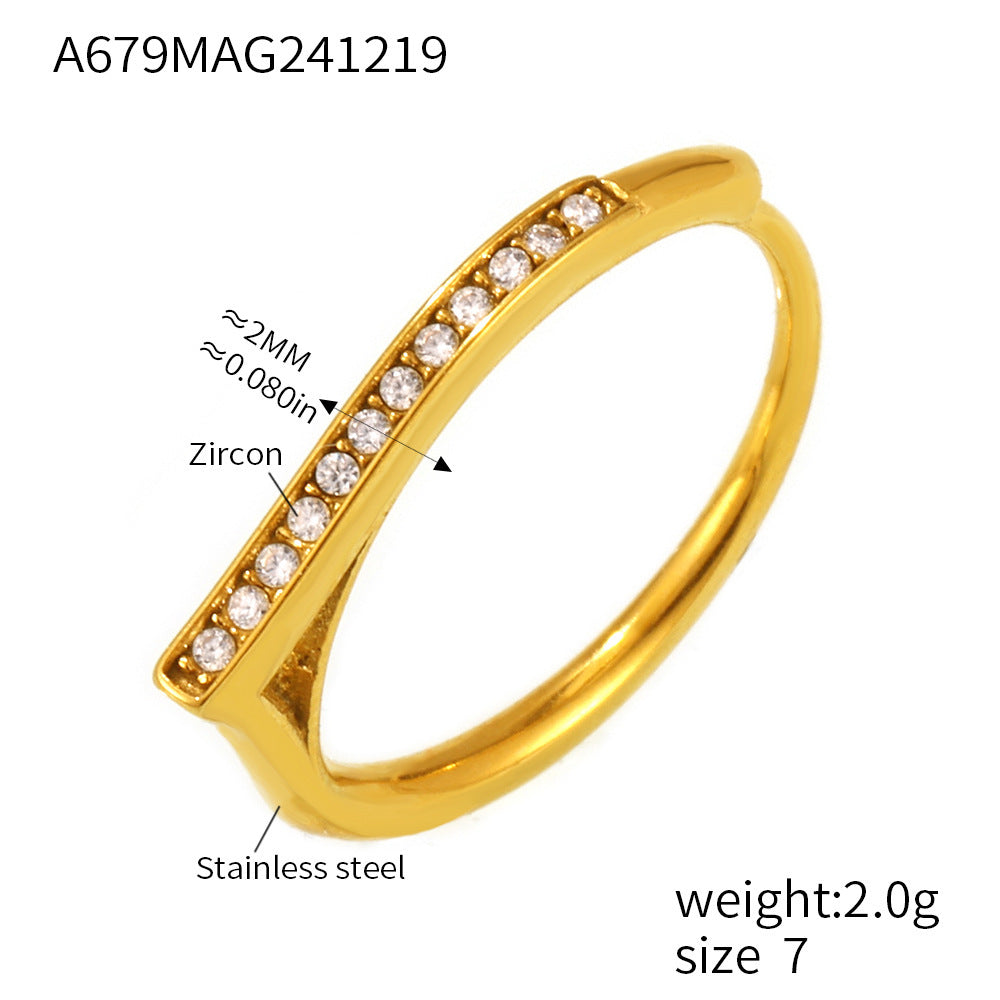 Titanium steel ring full diamond micro-inlaid zircon opening niche design stainless steel plated 18K real gold female