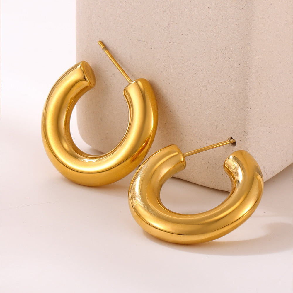Elegant minimalist C-shaped earrings French plated 18K gold temperament ring glossy earrings earrings