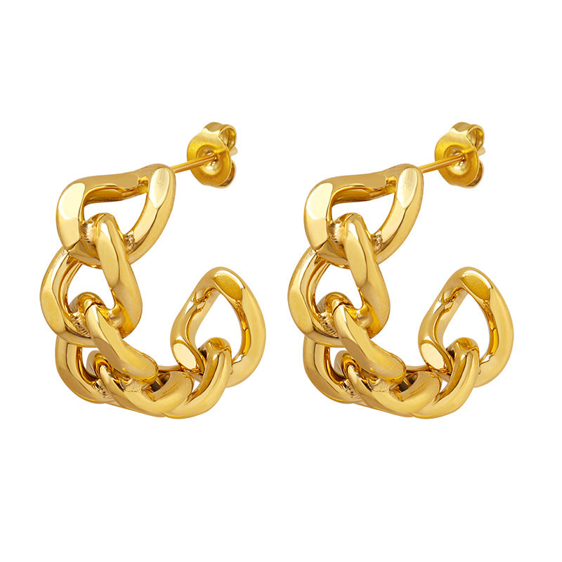 Cold wind niche fashion twist hollow C-shaped earrings titanium steel plated 18K gold stud earrings F322