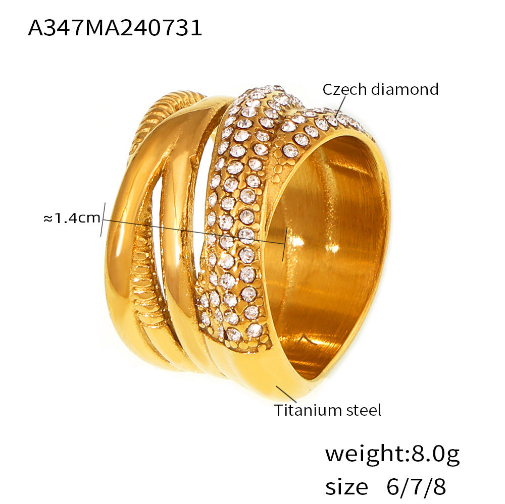 New cross-woven multi-row diamond ring titanium steel plated 18k real gold light luxury fashion ring 99