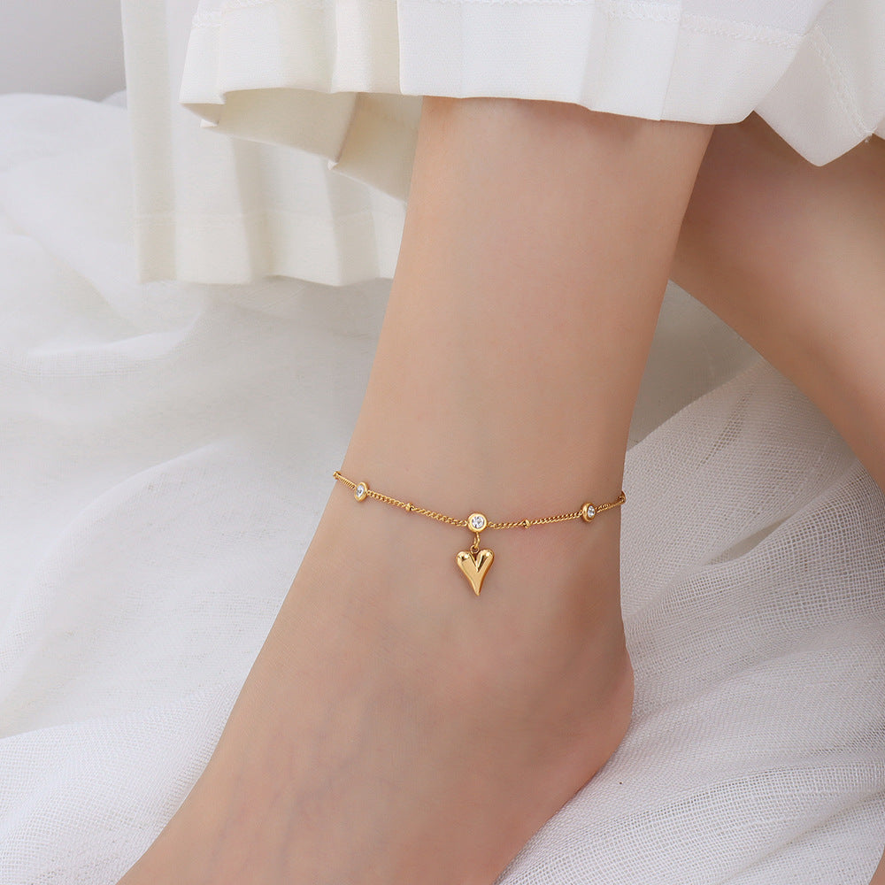 Marka niche design sense versatile titanium steel plated 18k gold zircon peach heart anklet jewelry women