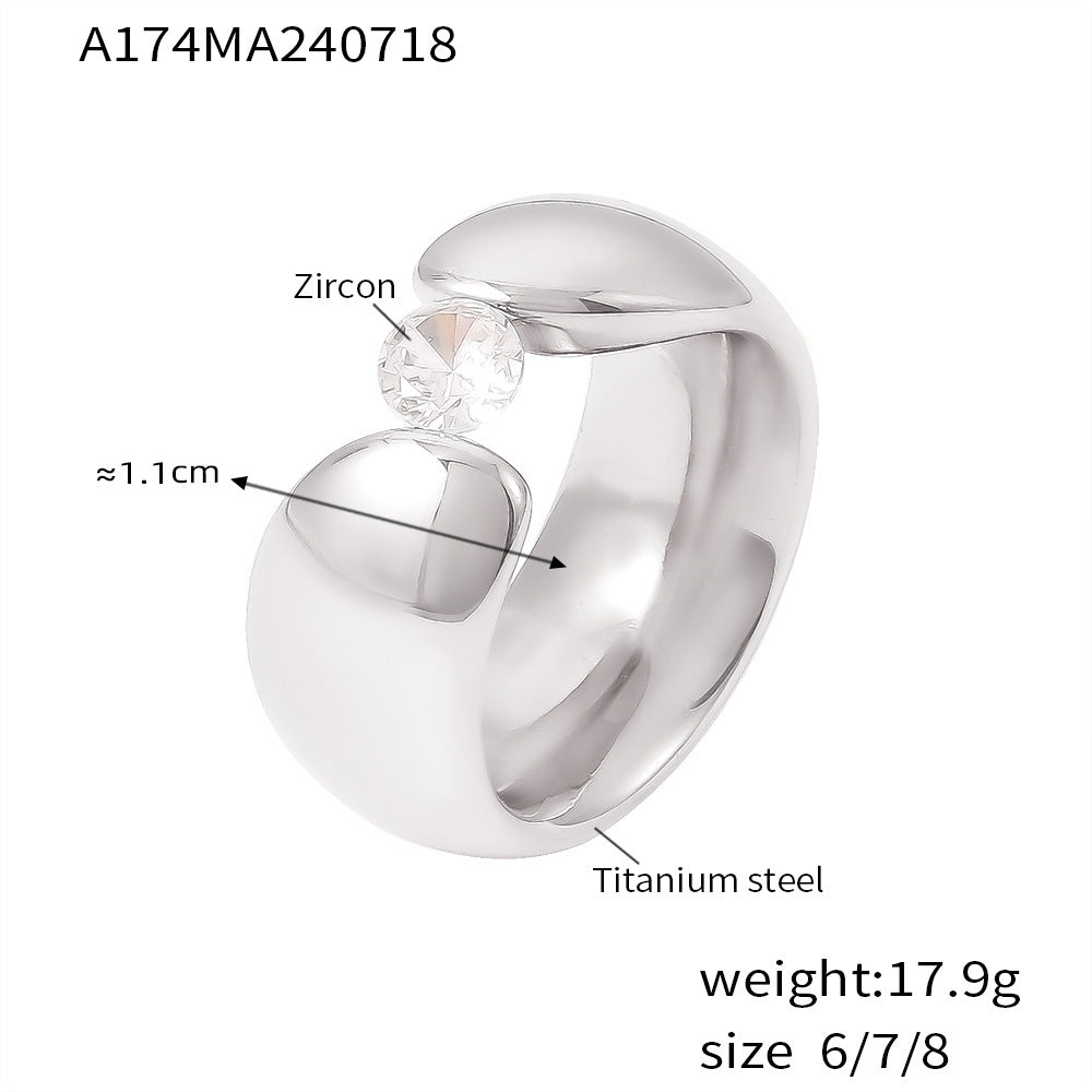 New wide-edge clip zircon smooth ring retro niche design titanium steel plated 18k gold jewelry pp