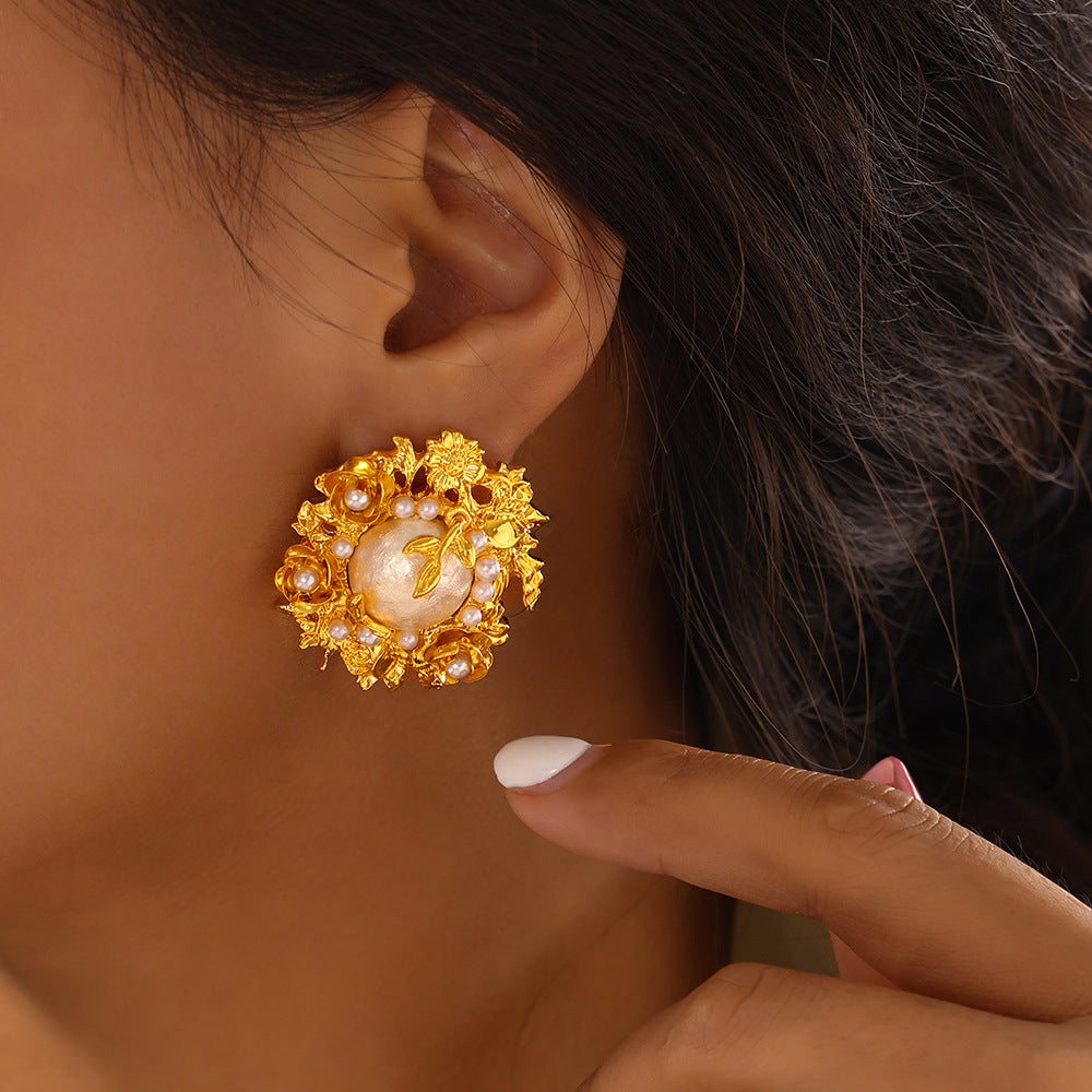 Court style medieval light luxury handmade inlaid bead copper material flowering vintage earrings earrings