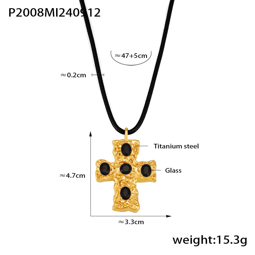 Beat Glass Cross Black Rope Necklace Titanium Steel 18K Gold Plated PVD Necklace