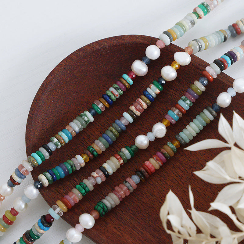 New ethnic style retro baroque freshwater pearl colored natural stone handmade beaded necklace jewelry female pp