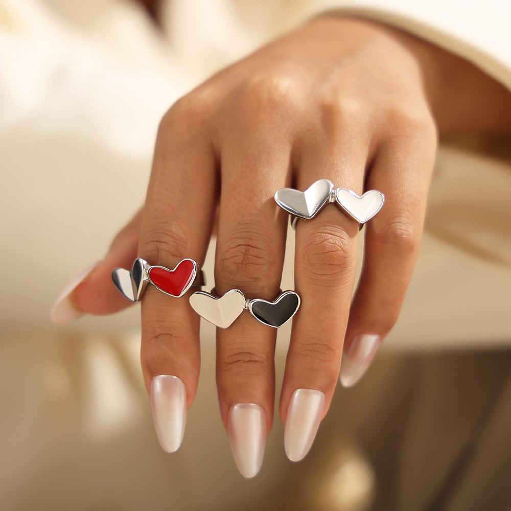 Marka heart-to-heart print color glaze index finger ring niche stainless steel plated 18K real gold ring spot