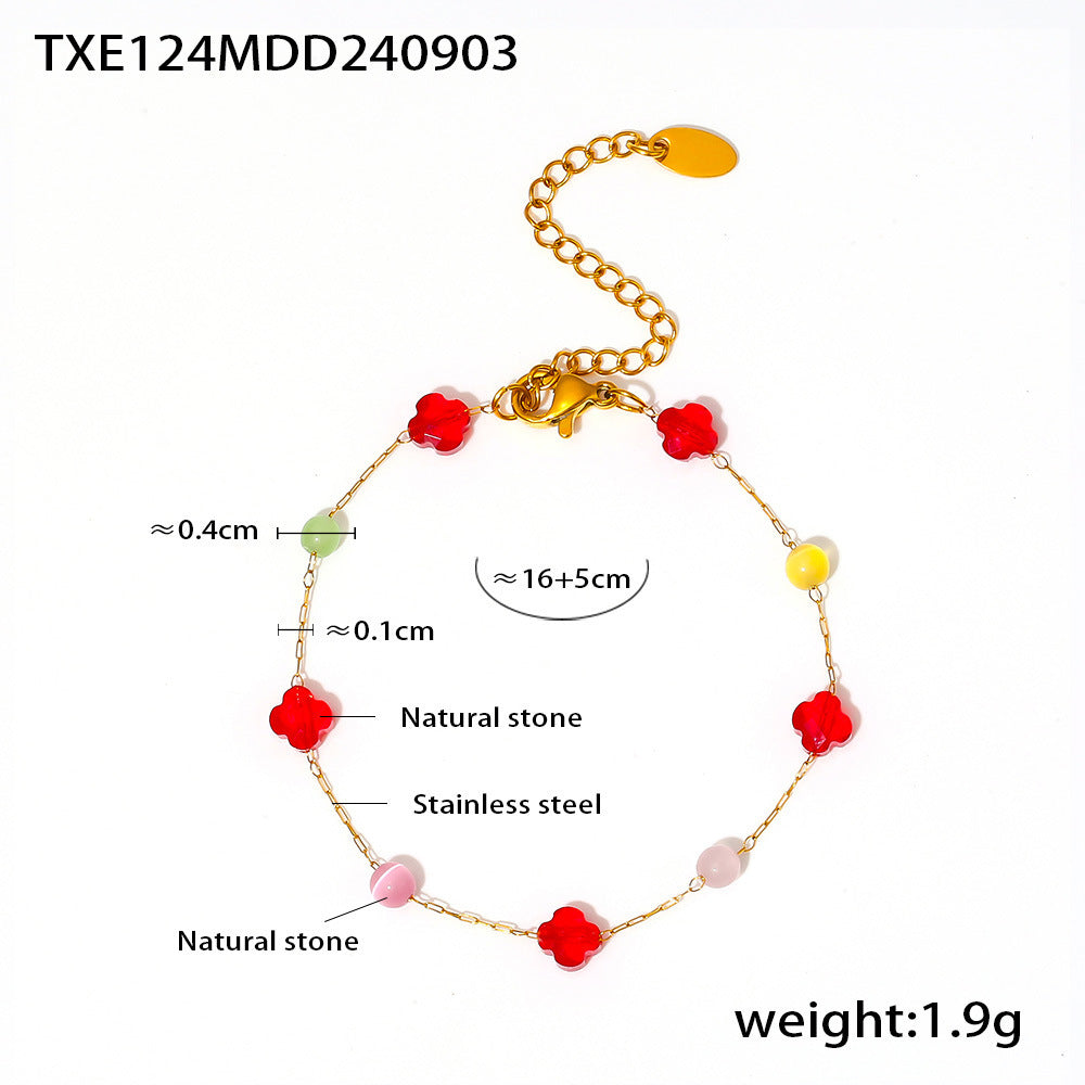 Colorful natural stone collarbone necklace bracelet, stainless steel niche dopamine handmade chain set for women