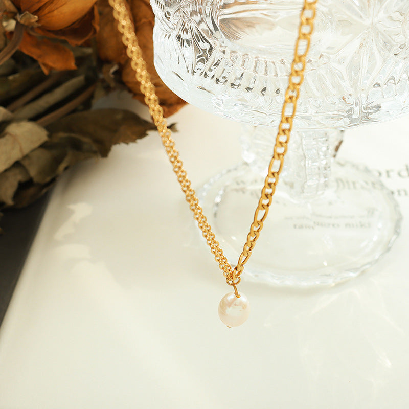 Accessories Spice Girl Double Chain Freshwater Pearl Necklace Women's Collarbone Neck Chain Titanium Steel Plated 18K Gold P832