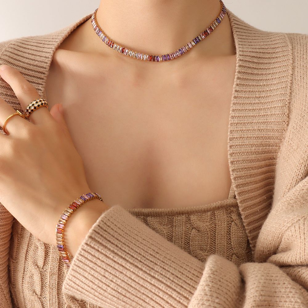 Solid color retro colored diamond zircon inlaid non-fading necklace bracelet jewelry set hot-selling jewelry