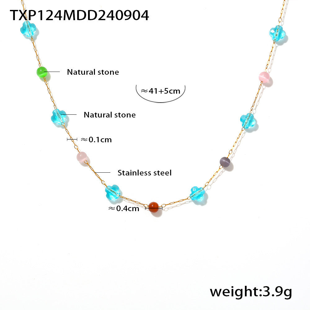 Colorful natural stone collarbone necklace bracelet, stainless steel niche dopamine handmade chain set for women