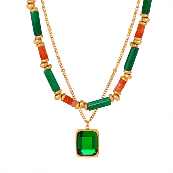 New retro light luxury fashion personality high sense natural stone handmade beaded double necklace jewelry women