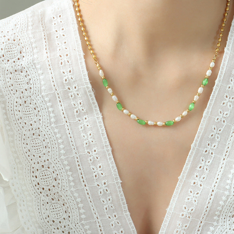 Trendy green opal with freshwater pearl titanium steel beaded necklace girls fashion versatile accessories pp