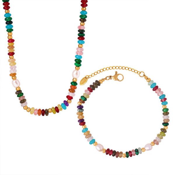 Dopamine Colored Natural Stone Beaded Freshwater Pearl Niche Vintage Temperament Necklace Bracelet Set