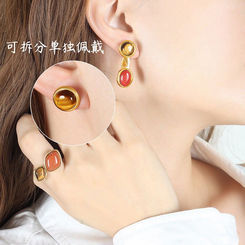 Autumn and winter titanium steel design detachable two wear inlaid colored natural stone earrings simple retro earrings jewelry women's pp